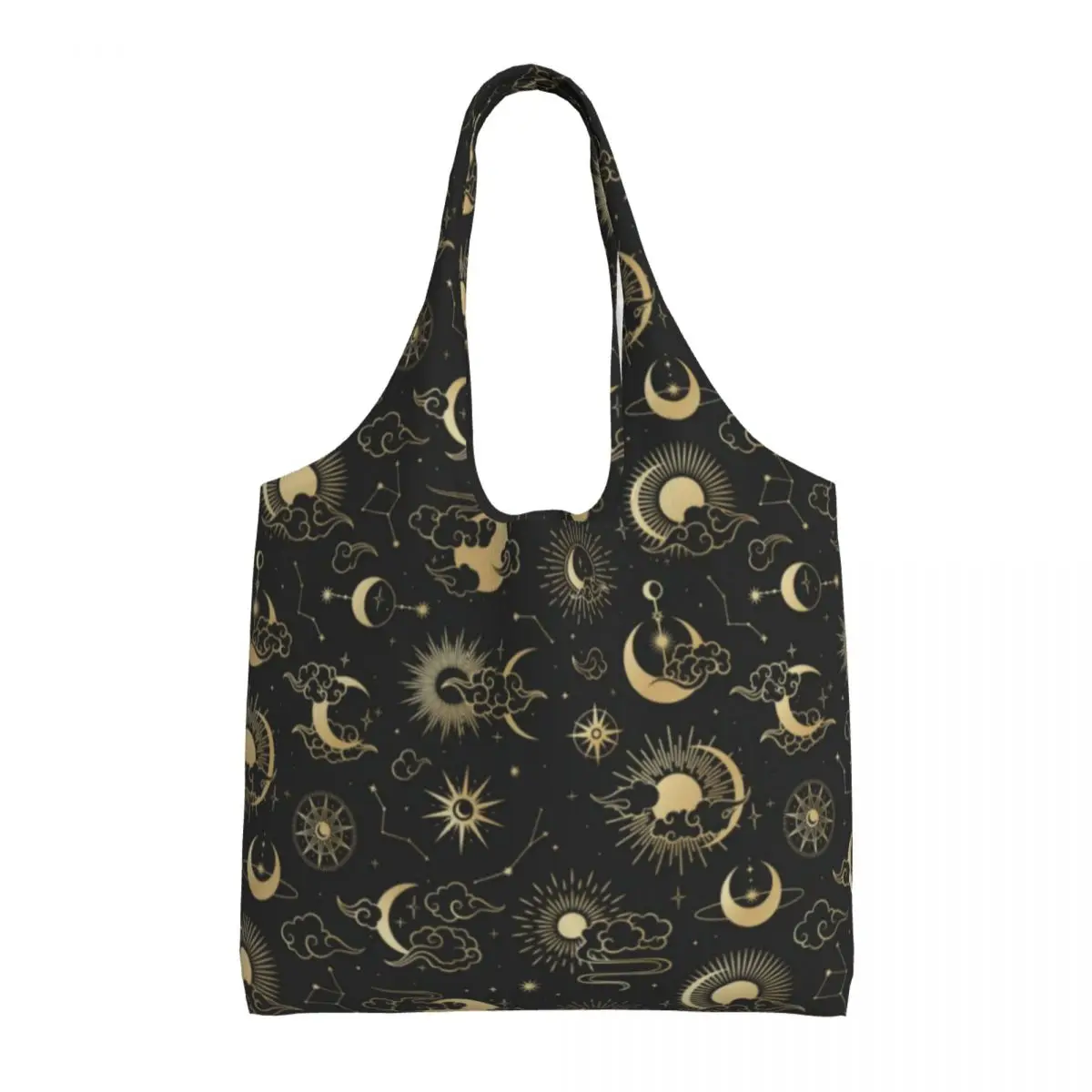 

Сумка для покупок с изображением солнца и астрологии, черная и Золотая Подарочная Ретро сумка с Луной и звездами, женские школьные сумки из ...