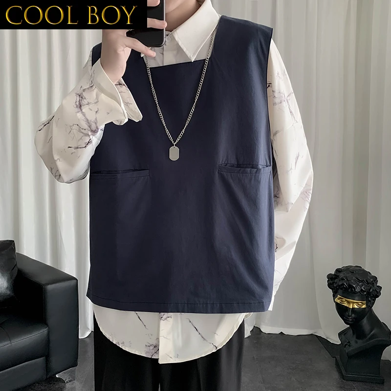 

E BOY Men Vest Autumn Harajuku Loose Pullover Sleeveless BF Waistcoats Trendy Pockets All-match Outwear Male Oversized Vests