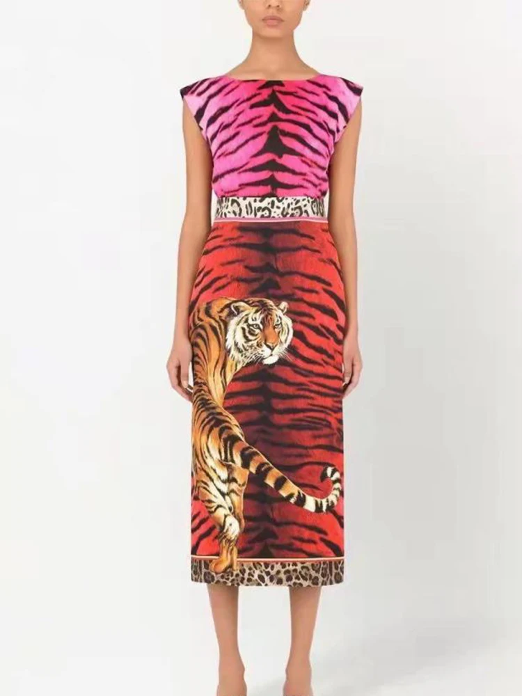 

Fashion Runway 2022 Summer Vintage Dress Women Sleeveless Tiger Leopard Printed High Quality Elegant Slim Party