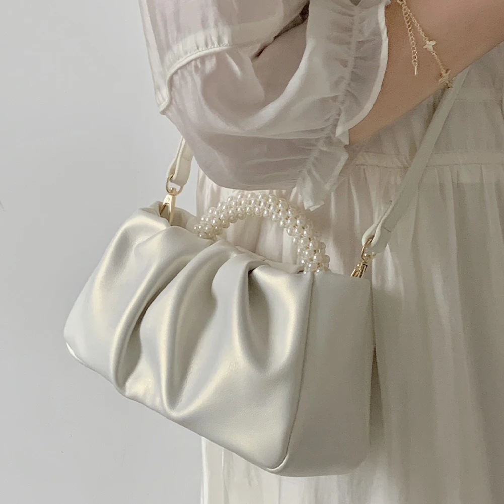 

Ladies Handbags Pearl Handle Women Mini Mobile Phone Pouch Sweet Ruched PU Leather Fashion Solid Crossbody Purses