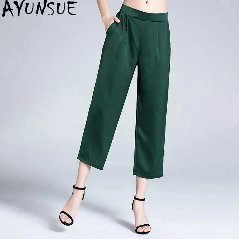 AYUNSUE 95% Silk Pants Women Clothing New Spring Summer Trousers Women Calf-length Pants Casual Straight Pants Roupa Feminina SG