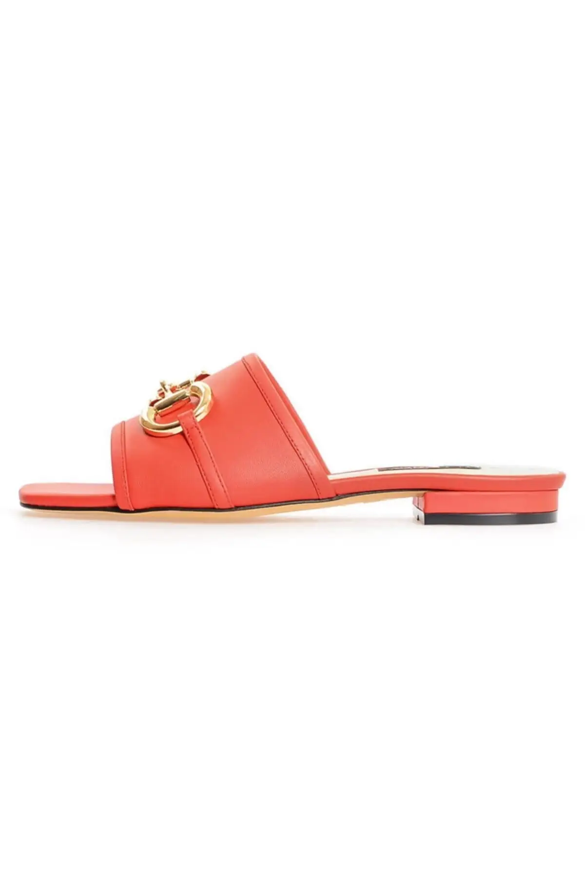 

Red leather buckle detailed women slippers