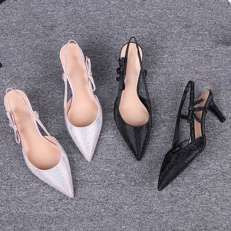 

New hot rhinestone women's shoes back strap shallow pointed sandals elegant side bow high-heeled shoes