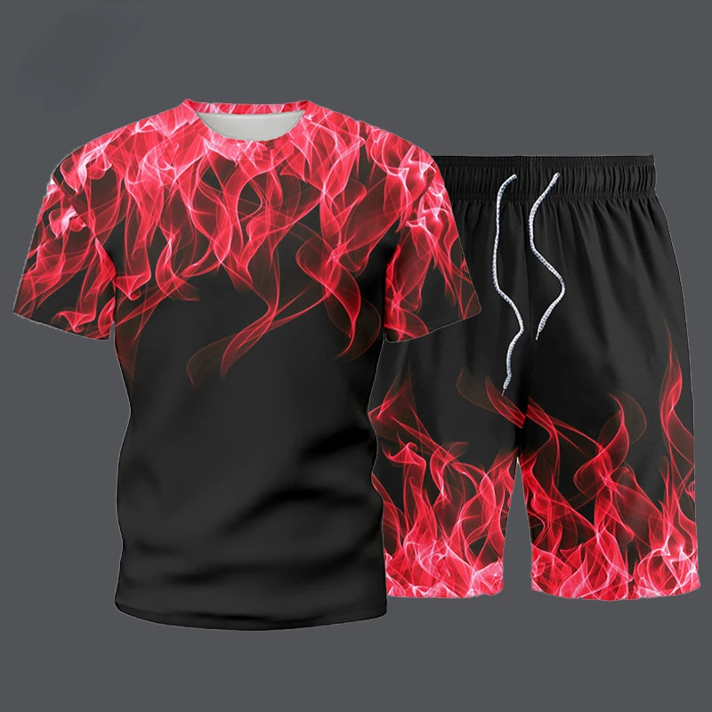 

Костюм спортивный мужской с принтом пламени, Повседневная футболка с коротким рукавом и шорты, модная спортивная одежда, комплект из двух п...