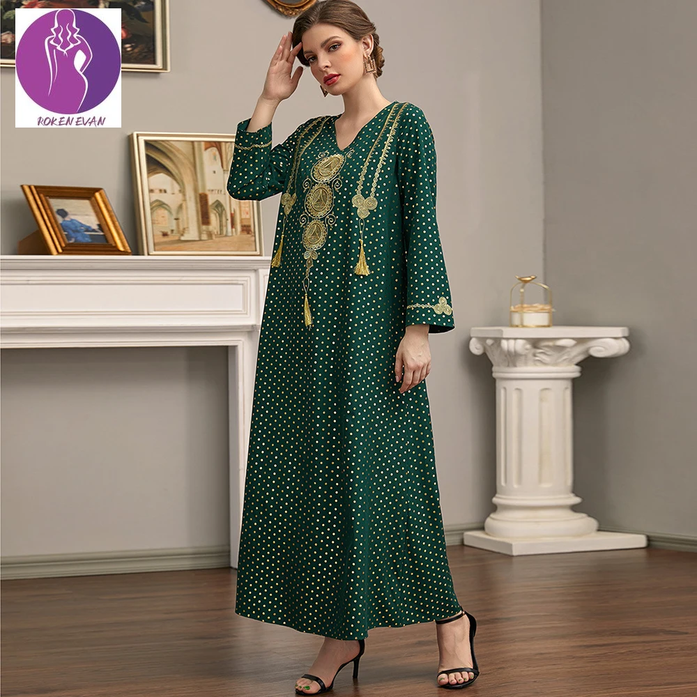 Женское платье с длинным рукавом, зеленое свободное платье с вышивкой в стиле ретро с золотым тиснением, повседневная мусульманская абайя, ...