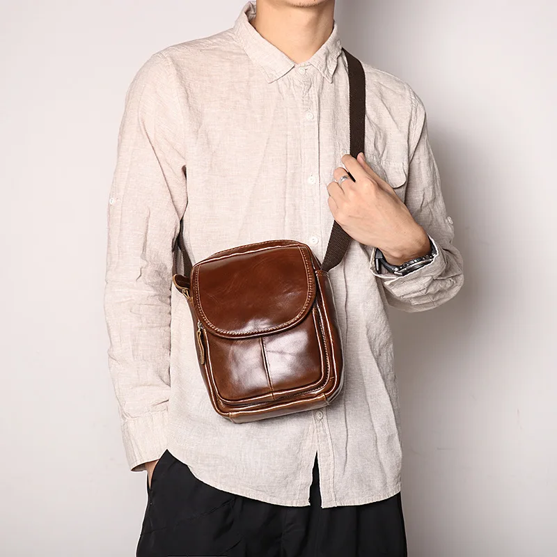 Vintage Men's Leather Simple Zipper shoulder bag Small Crossbody bag Messenger Bag