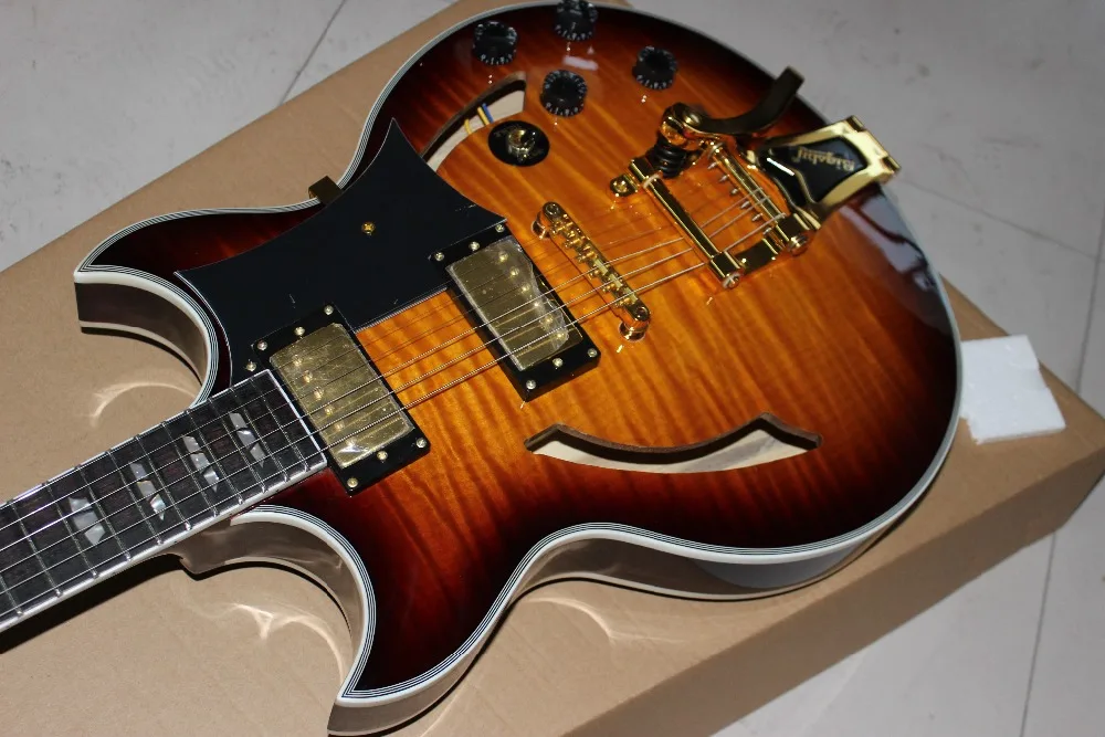 

Custom shop Hollow body jazz Electric Guitar. Sunburst tiger flame guitarra with Gold hardware gitaar.support customization