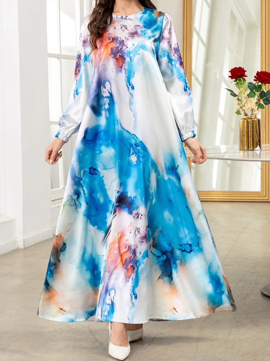 Женское богемное длинное платье-кафтан халат с длинным рукавом и круглым вырезом