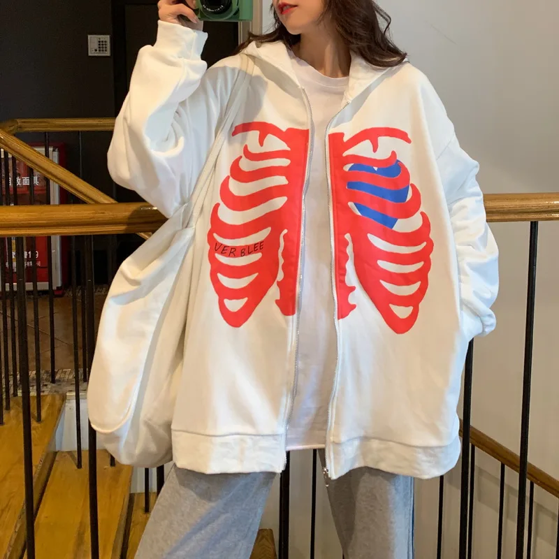 

Fashion Y2k Skeleton Hoodies Korean Style Women Gothic Zip Up Oversized Sweatshirt Girls Retro Harajuku Hooded Jacket Streetwear