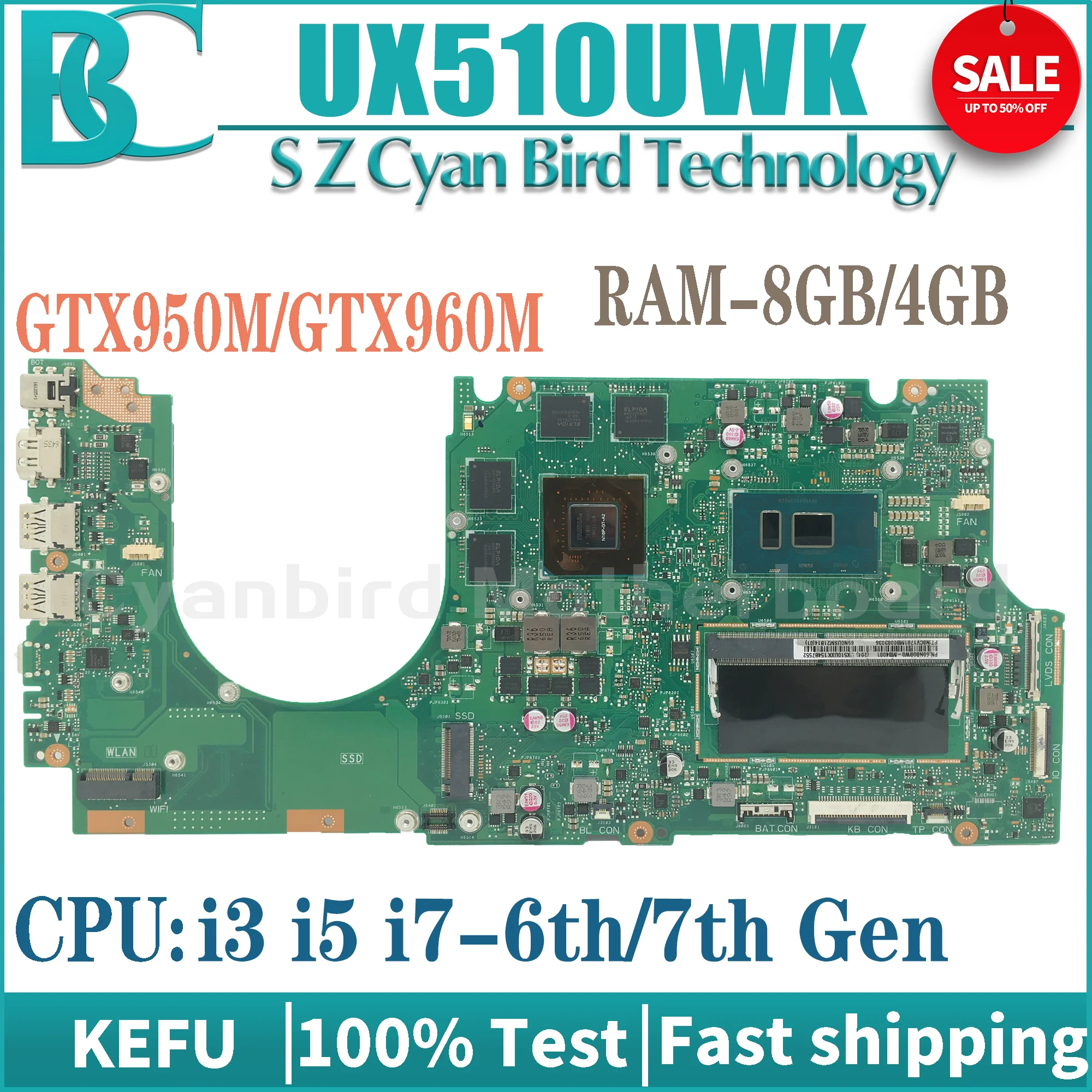 

KEFU UX510UWK Mainboard For ASUS UX510UW UX510U UX510UXK U5000U U5000UX Laptop Motherboard i3 i5 i7 6th/7th Gen GTX950M/GTX960M