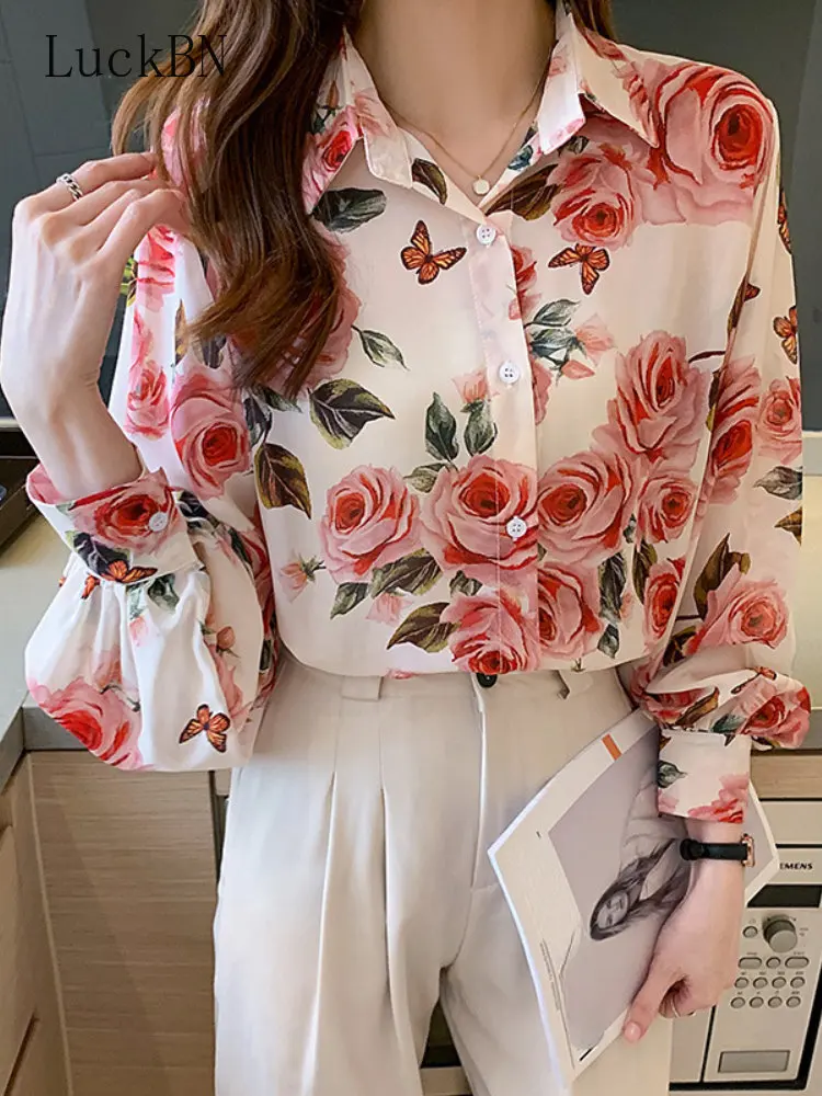 

Printed Shirt Women's Long-sleeved Lapel 2022 Autumn Temperament Drapey Floral Chiffon Shirt Women's Lantern Sleeve Blouses New