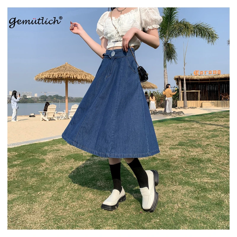 

GEMUTLICH Women Denim Skirt A-Lined Loose Wide Flare Elastic Waist Vintage Long Skirt S-9XL Big Size Top Quality New 2023