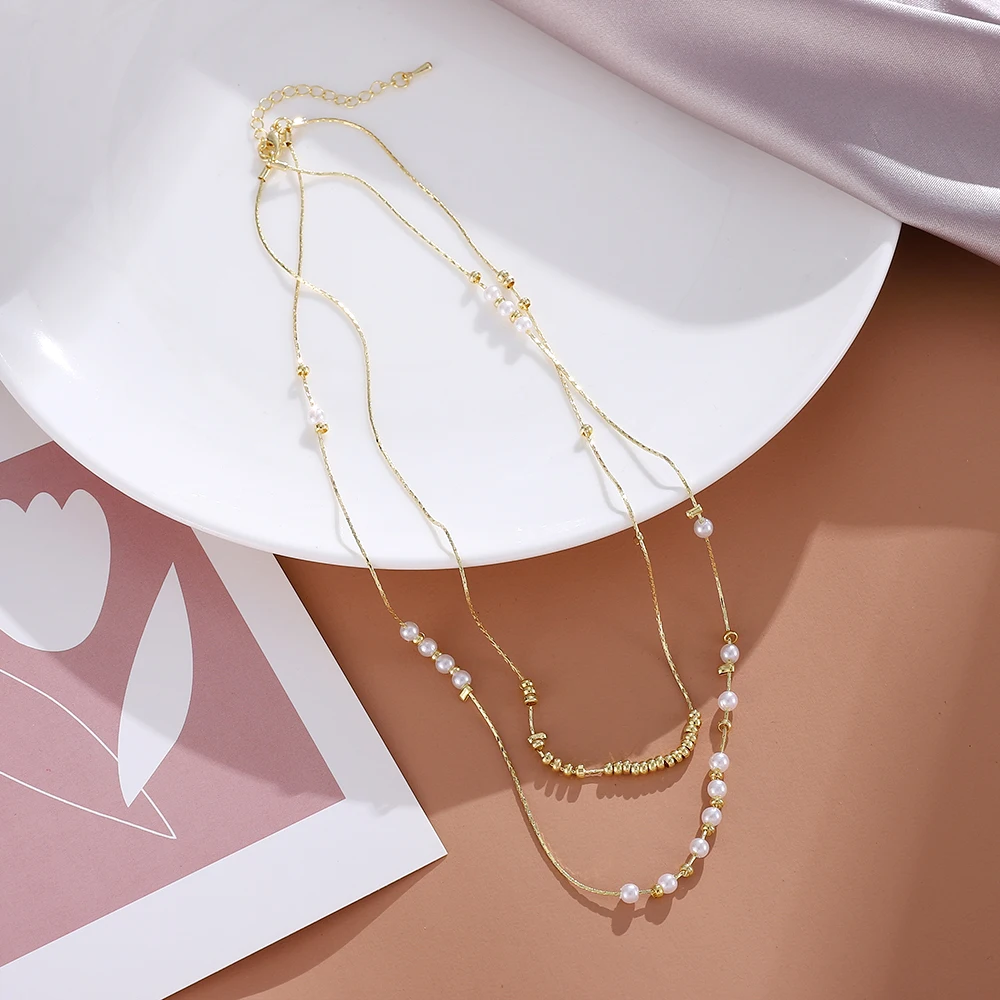 

New Imitation Pearl Necklace Female Super Fairy Light Luxury Double Layered Clavicle Chain Simple Fashion Necklace Wholesale