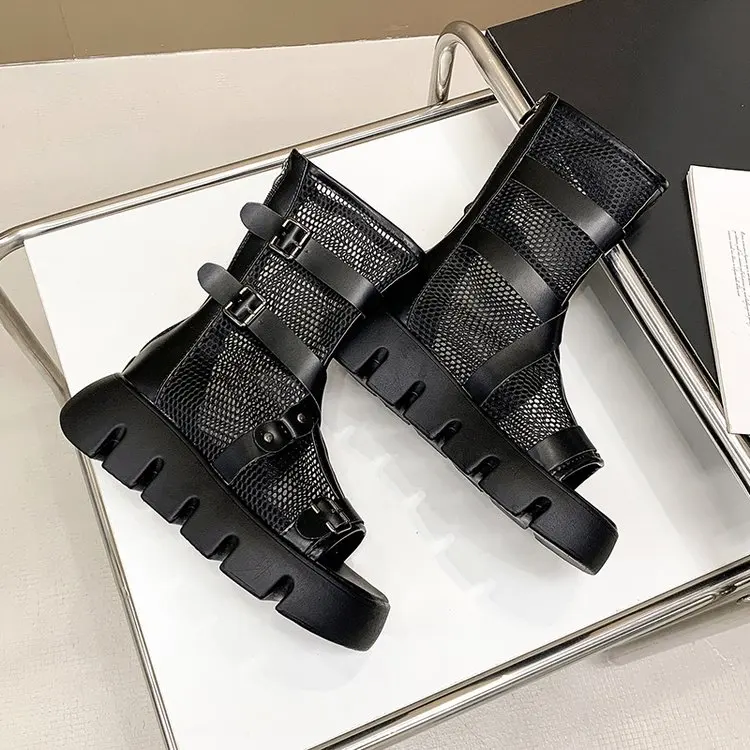 2022 Women Thick Platform Cool Boots Sandals Mesh Hollow Motorcycle Shoes Summer New Brand Sandals Ladies Shoes Punk Ankle Boots