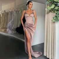 fashion elegant simple exquisite evening dress spaghetti strap floor length with train high split prom dress plus size