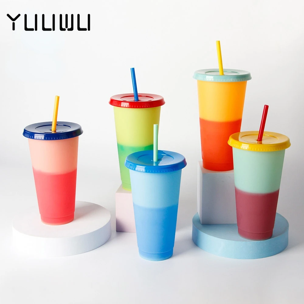 

710ml Color Changing Cold Cups Reusable Plastic Tumbler with Lid and Straw Cold Cup Straw Cup Drinkware Kitchen Gadgets