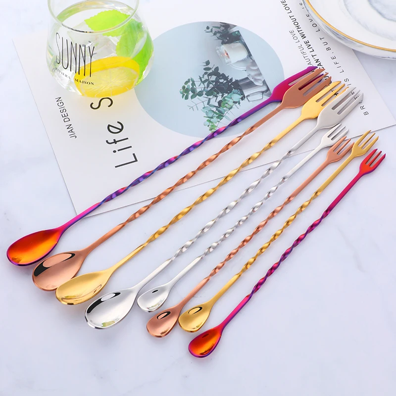 

Stainless Steel Bar Stir Spoon Cocktail Spiral Pattern Mixing Spoon With Muddler For Bartender Metal Gold Bar Spoon Accessories
