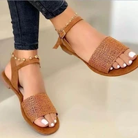 summer womens sandals weaved ankle strap ladies flats shoes buckle square heels female footwear casual woman shoes plus size 43