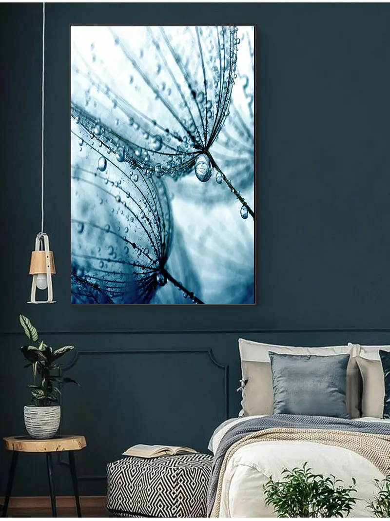 Голубой Одуванчик суккуленты листья монстеры настенная живопись на холсте