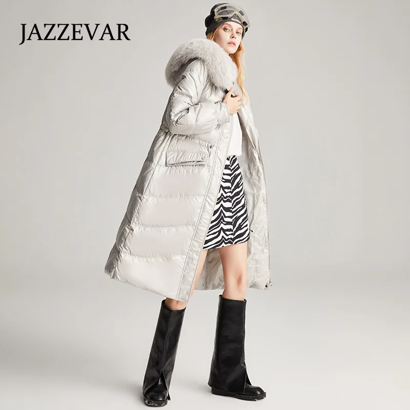 JAZZEVAR 2022 Winter New Thickened Down Jacket Women Everywhere Slim Temperament Women Pull Rope Fox Fur Collar Coat