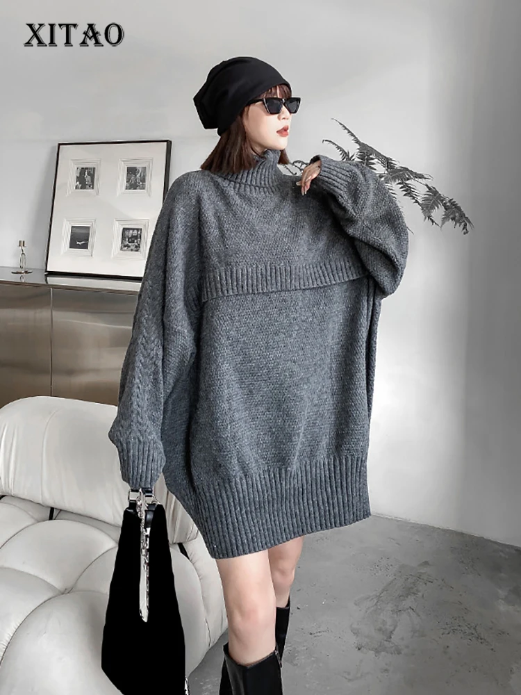 

XITAO Casual Turtleneck Knitted Dress Fashion Loose Solid Color Simplicity Temperament All-match New Knitting Dress WLD13286