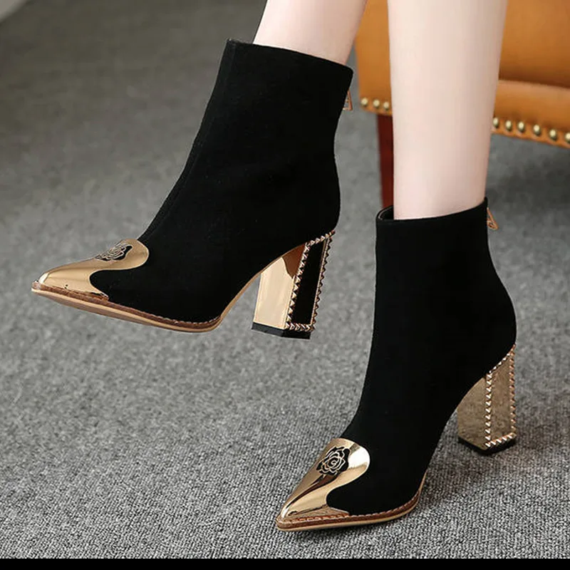 

Women Ankle Boots Lady Fashion Pointed Toe Suede High Heels Shoes Female Thick Metal Heeled Rubber Floral Black Pumps Size 34-40