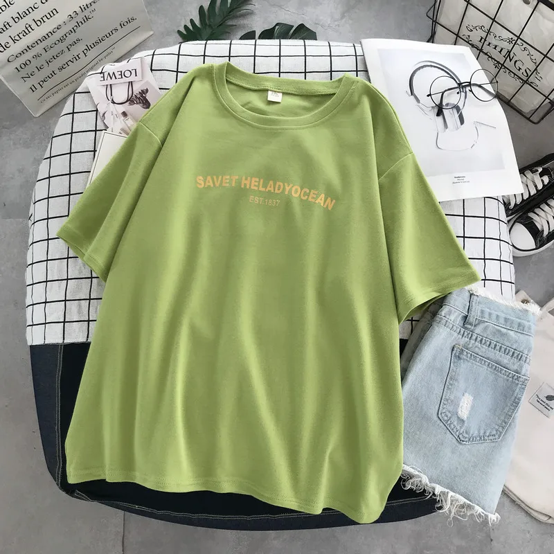 

DAYIFUN Plus Size Short-sleeved T-shirt Women's Summer New Cotton Letter Printed Tees Student Korean Loose Round Neck Top