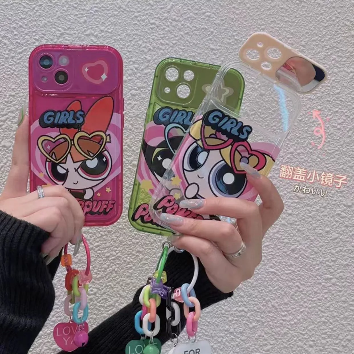 

Powerpuff Girls With Doll Ornaments Makeup Mirror Phone Case For Iphone 11 12 13 14 Pro Max Plus Cute Cartoon Shockproof Cover