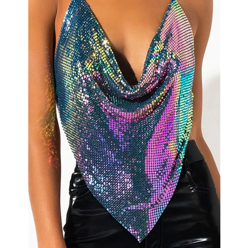 New Sexy Backless Metal Sequined Solid Camis Sleeveless Halter Hollow Out V Neck Adjustable Chain Women Nightclub Crop Tops