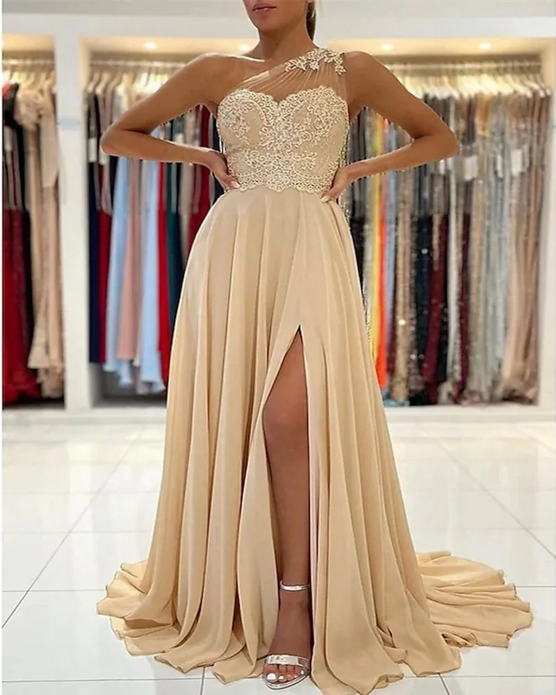 

Sexy Champagne Evening Formal Dress 2023 Sleeveless One Shoulder Chiffon Lace Slit Women Prom Party Gowns Abiye Robe De Soiree