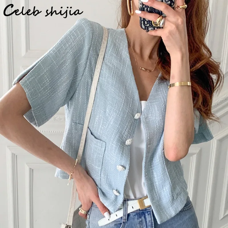 

Женская твидовая однобортная куртка, голубая элегантная шерстяная куртка с V-образным вырезом, деловое пальто, офисная одежда на лето 2022