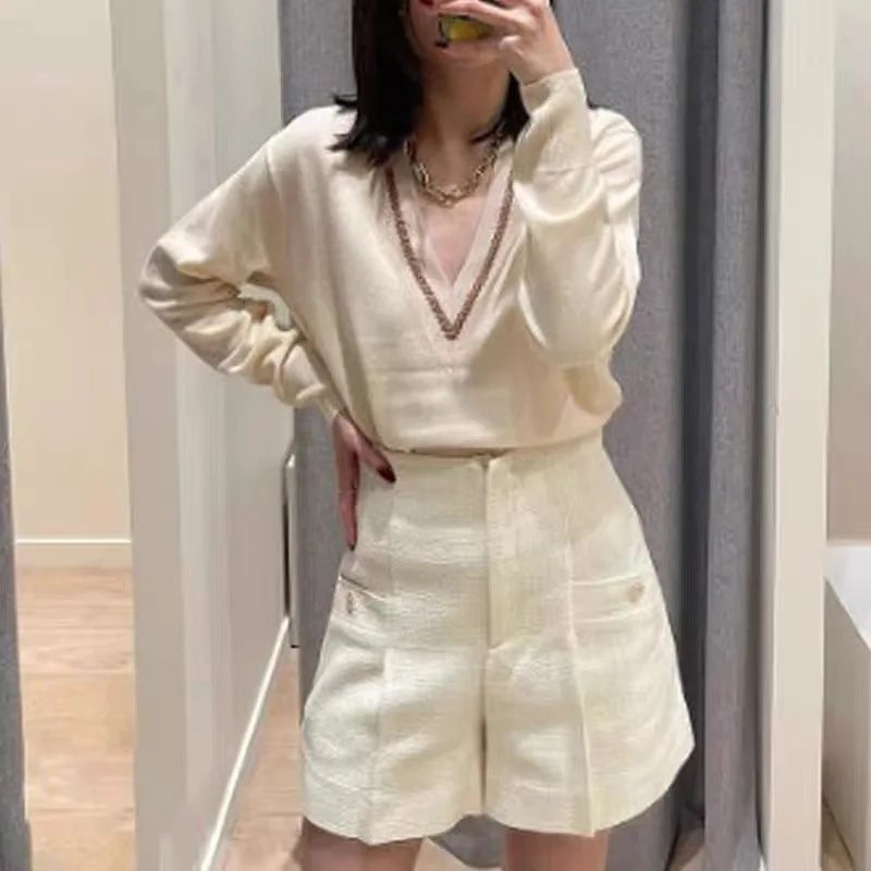 

Women Sweater Patchwork V-Neck Autumn Winter Long Sleeve Knitted Pullover Top