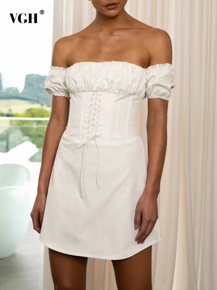 

VGH Casual Plain Dress For Women Slash Neck Short Puff Sleeve Bandage Patchwork Folds Mini A Line Dresses Female 2022 Summer New