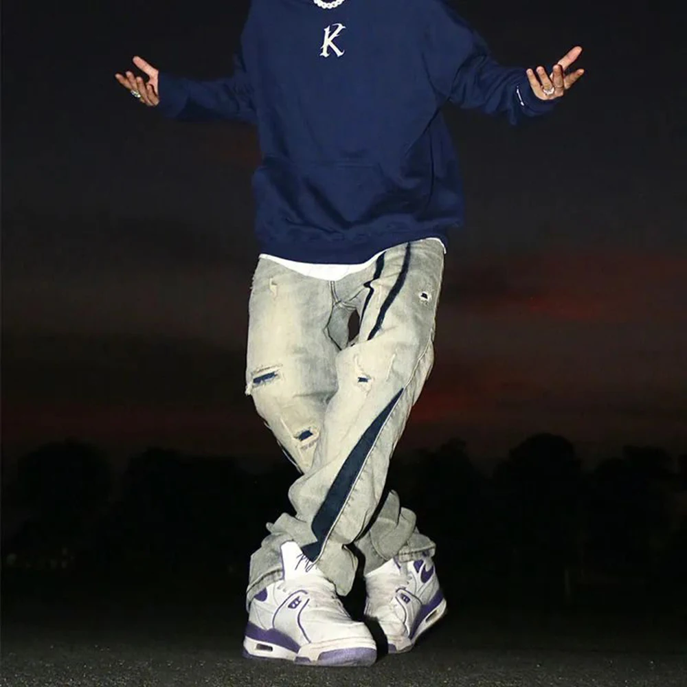 American Style Old Ripped Denim Trousers Men's Street Wear with Color Contrast Design Loose Straight Jeans Trend Hip-hop Pants