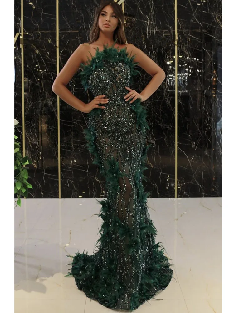 

Women Summer Sexy Strapless Off Shoulder Backless Mesh Sequins Feather Green Maxi 2023 Bodycon Elegant Evening Party Club Dress