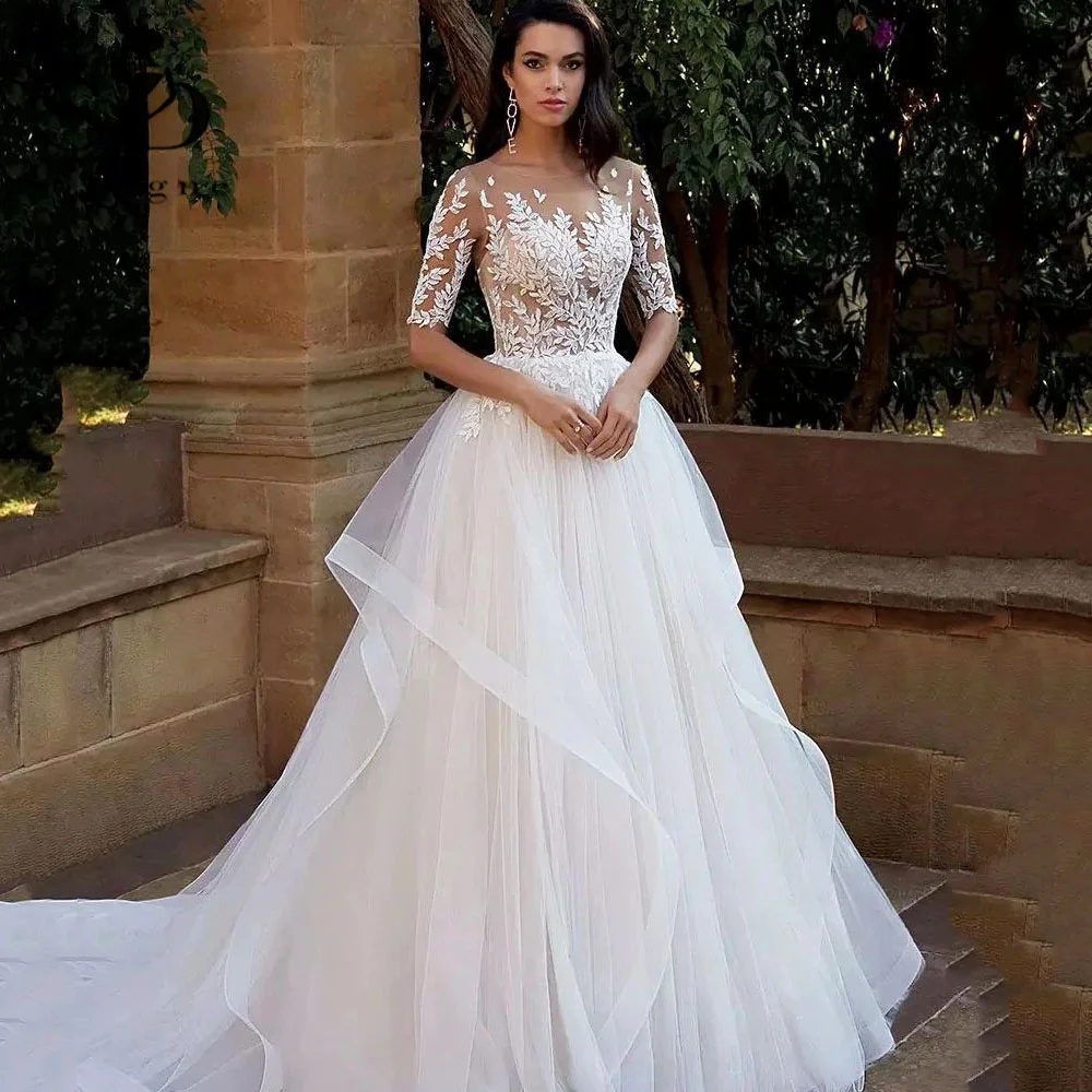 Купи SoDigne Modern 2022 Wedding Dresses Lace Appliques Scoop Bridal Gowns Ball Gown Half Sleeves Princess Bride Dresses за 6,491 рублей в магазине AliExpress