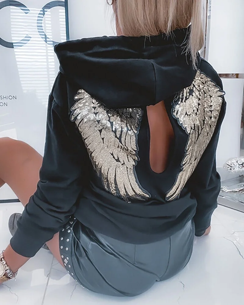 

Women Sweatshirt Pullover Long Sleeve Fashion Sequin Wing Pattern Cutout Hooded Top Casual Hoodie Sweatshirts