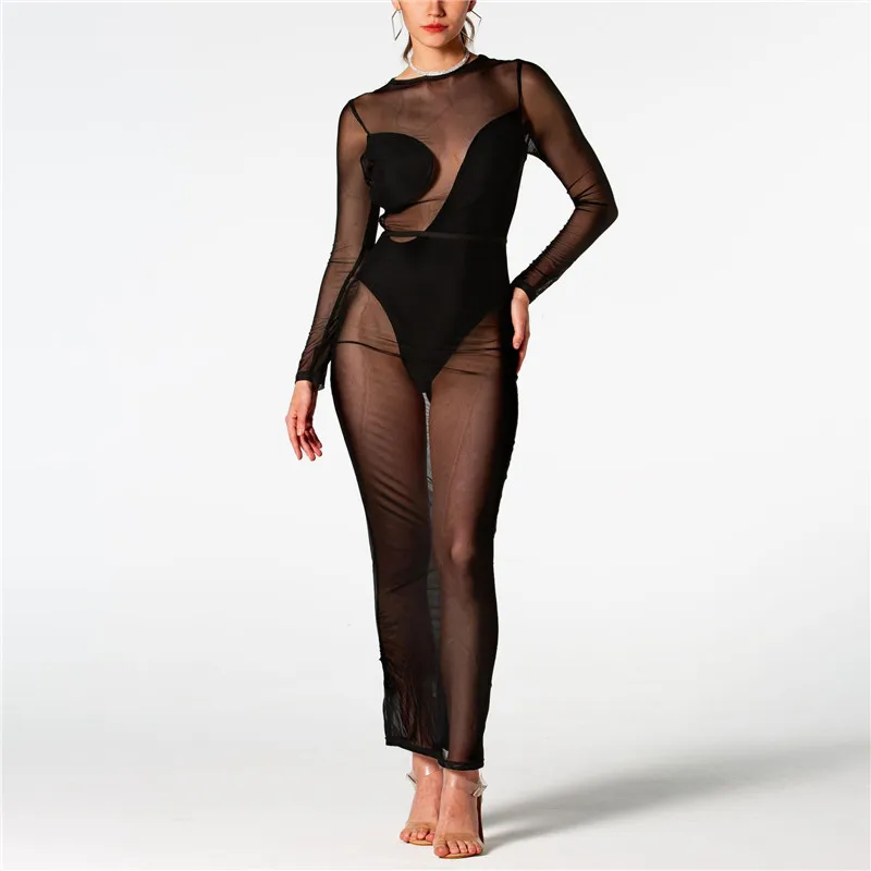 

Женское Прозрачное Платье макси с длинным рукавом и круглым вырезом