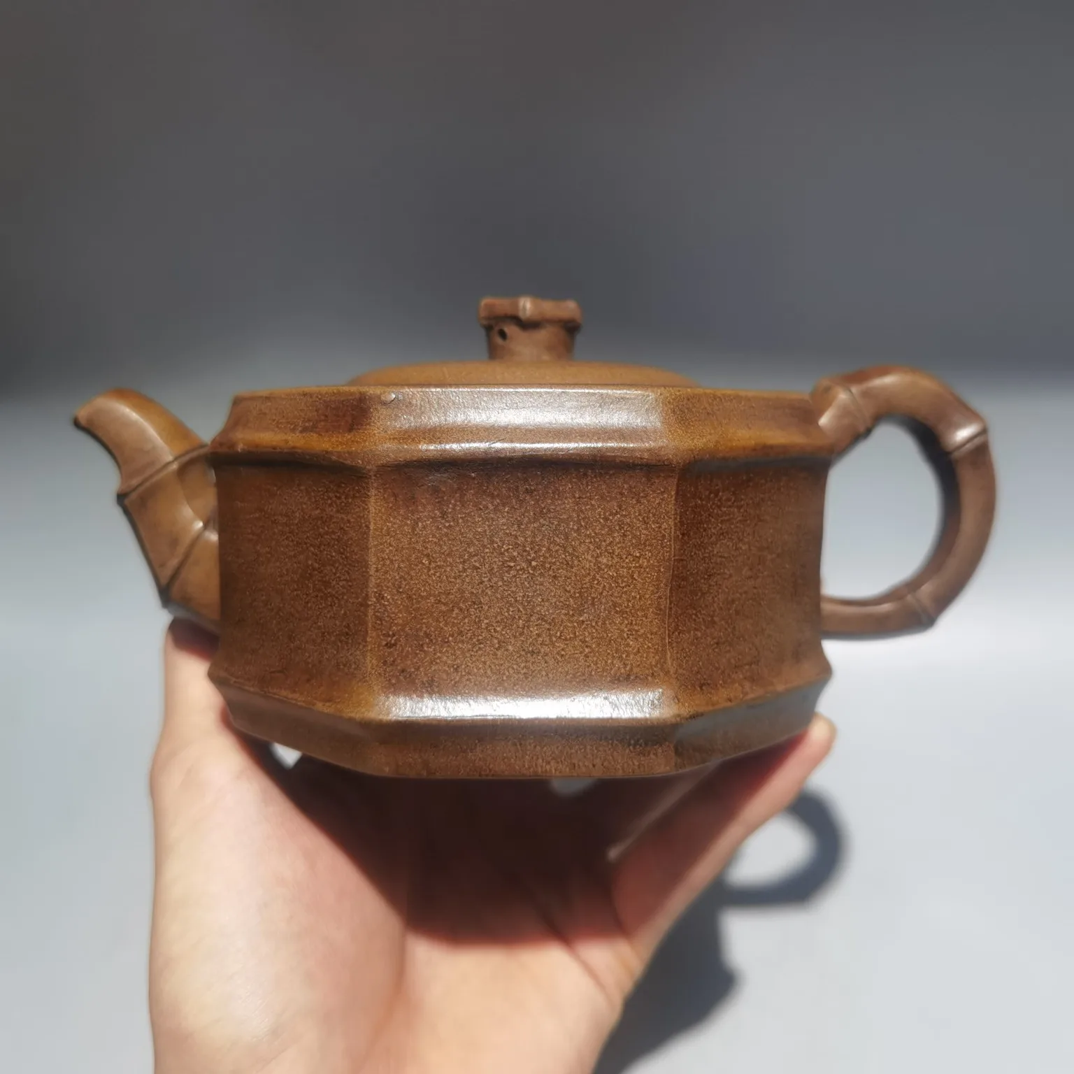 

8"Chinese Yixing Purple clay pot Bafang bamboo segment kettle teapot blue-grey mud Gather fortune Office Ornaments Town house