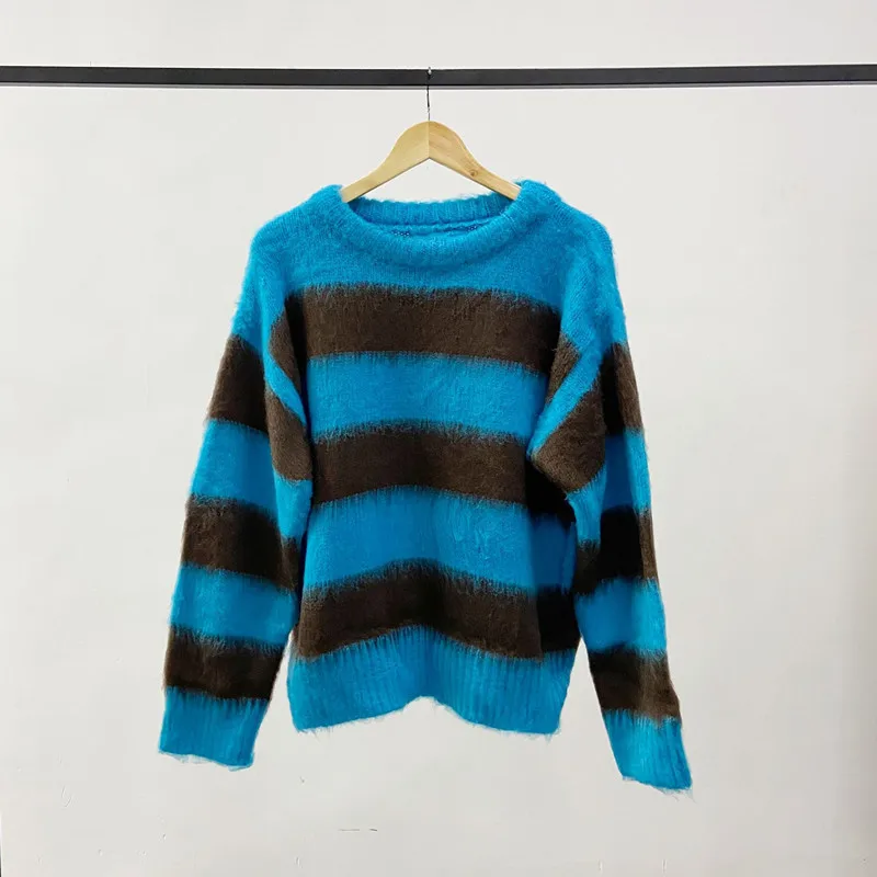 

Mohair blend Women Knitted Sweater Spring New Long Sleeve Stripe Loose O-Neck Pullover Ladies Warm Knit Jumper Tops
