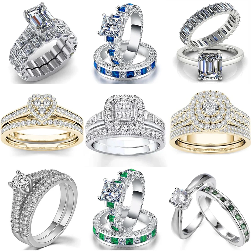 

2 Pcs/set Temperament Crystal Cubic Zirconia Rings Set for Women Party Wedding Engagement Jewelry Accessories Size 5-11