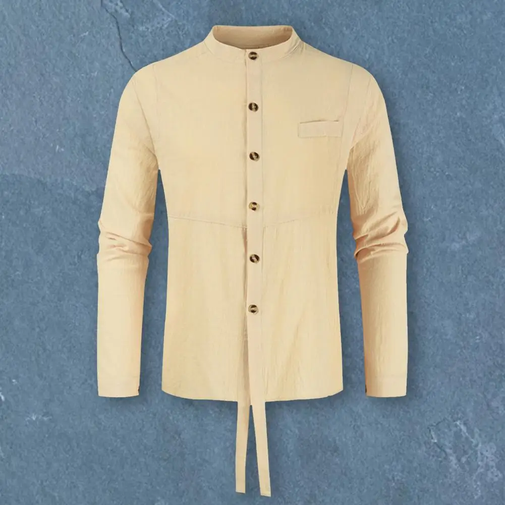 

Men Shirt Solid Color Long Sleeves Buttons Cotton Close-fitting Single-breasted Stand Collar Slim Fit Quick-drying Spring Shirt