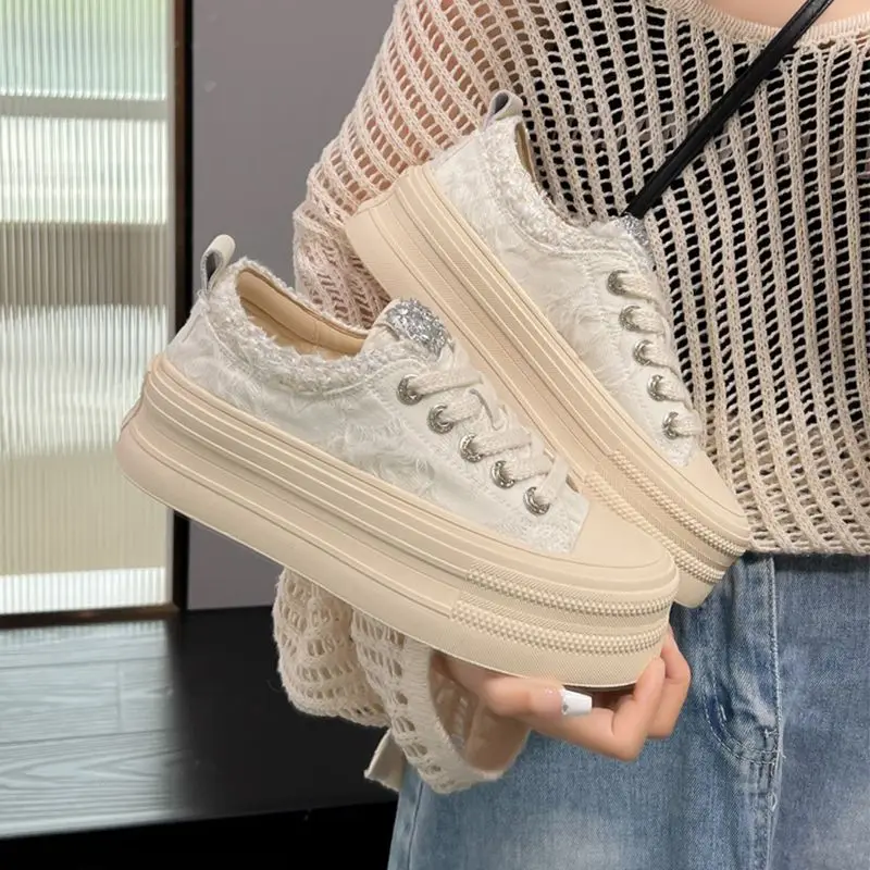 

Female Footwear with Crystals Rhinestone Women's Shoes Off White Diamond High on Platform Canvas 2023 New Luxury Cotton A Sale H