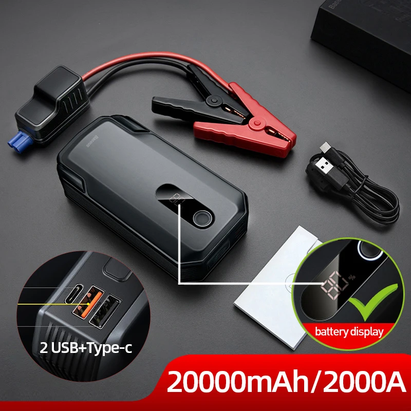 

Пусковое устройство Baseus, 20000 мА ч, 12 В, 2000 А 20000mAh 10000mAh Jump Starter Power Bank 2000A 1000A 12V Портативный Автомобильный Аккумулятор Стартер Аварийный АВТО Усилитель Пусковое Устройство Jump Start