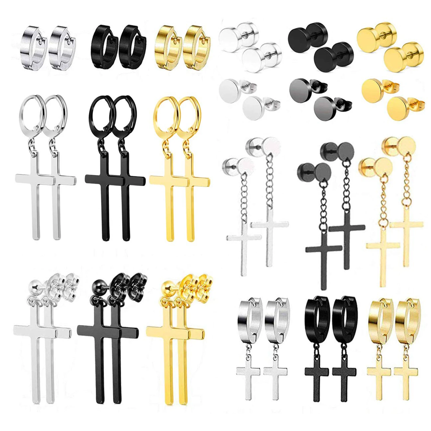 

21 Pairs Stainless Steel Dangle Hoop Earrings for Men Huggie Hinged Loop Punk Cool Stud Earring Set