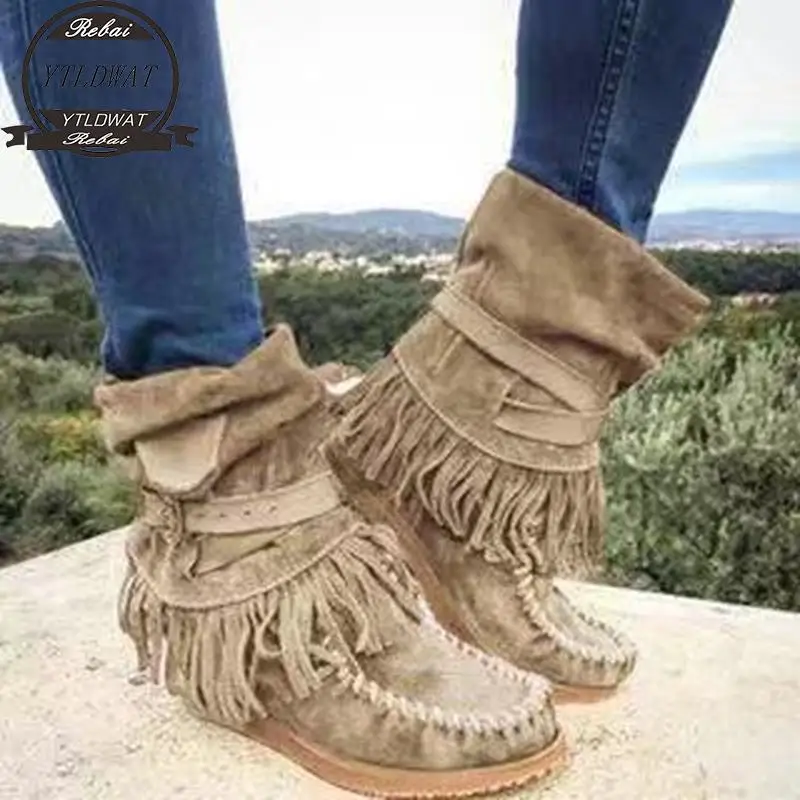 

2022 Fringe Middle Boots Women Sexy Tassel Fashion Buckle Motorcycle Flat Heel Boot Cowboy Style Bota Feminina