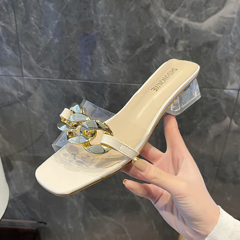 

Sandals 2022 Summer Women Metal Buckle Clear Square Heel Slippers Ladies Designer Outdoor Slides Size 35-42 zapatillas de mujer