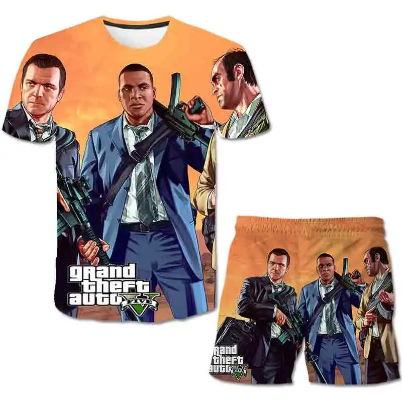 

Fashion Boy 4-14 Year Old Suit Summer Casual Suit Grand Theft Auto Gta5 T-shirt 2 Piece Baby Suit New Fashion Cool Clothes