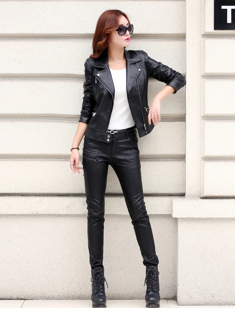 New Women Leather Jacket Spring Autumn Fashion Chic Zipper Motorcycle Style Slim Coat Short Sheepskin Tops Outerwear Female