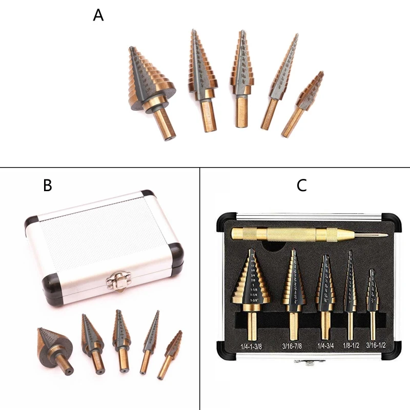 

5 Pieces Golden Titanium-Coated Triangle Shank Step Drill Bit Set for Perforated Metal Iron Aluminum Brass